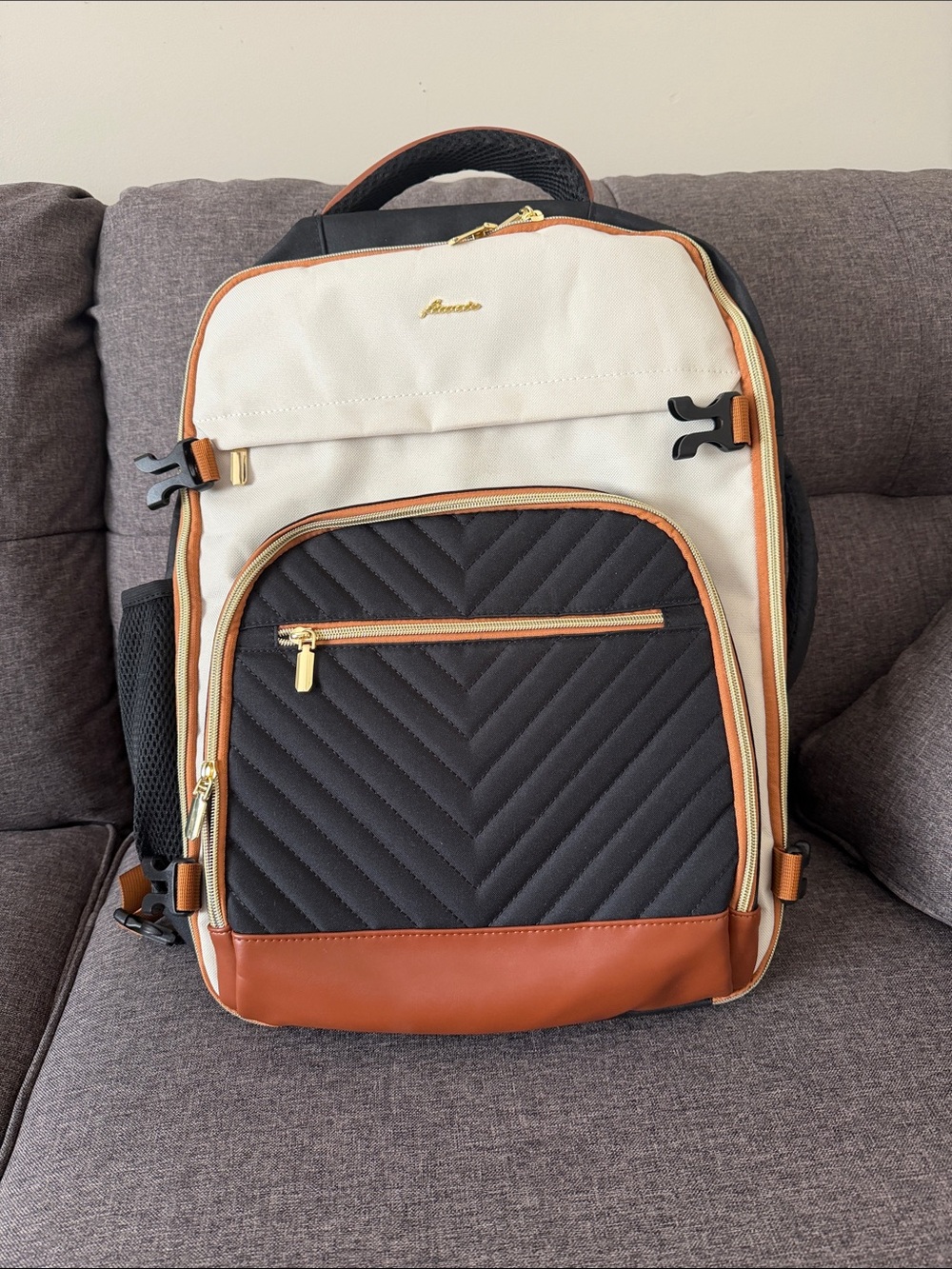 Cream & Black Travel Backpack with Brown Trim